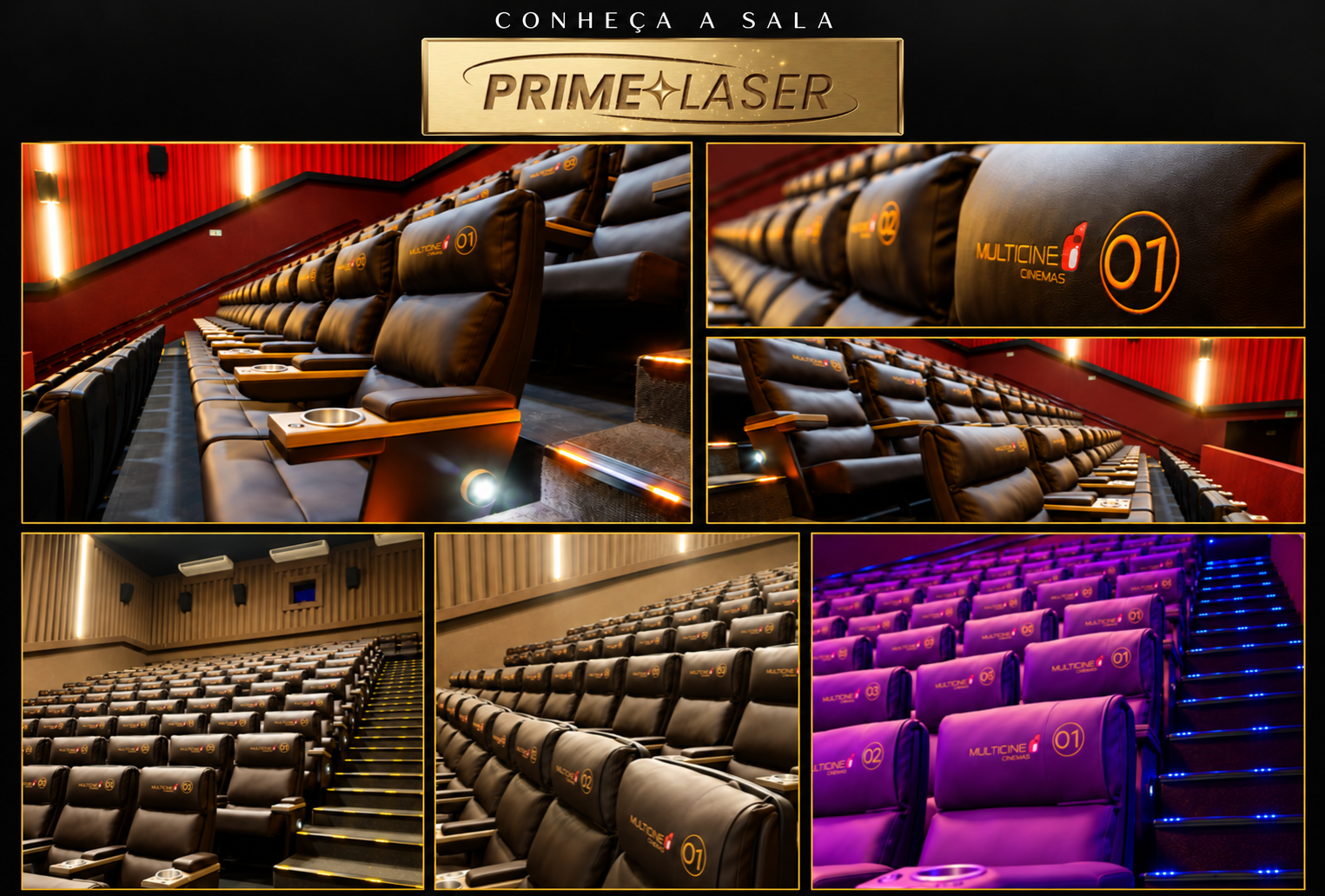 Conheça a sala Prime Laser: fotos das salas Multicine, com poltronas amplas, apoios de braço e porta-copos.
