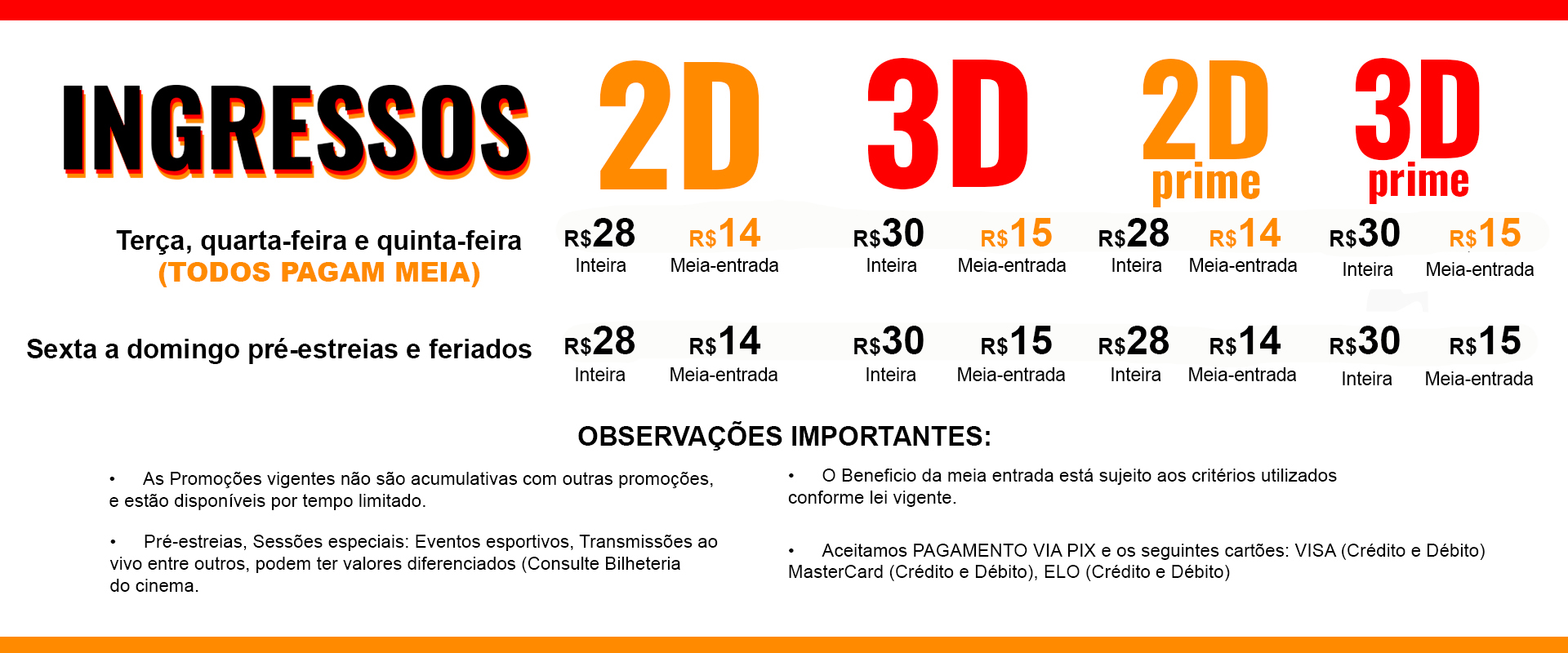 Tabela de preços de ingressos