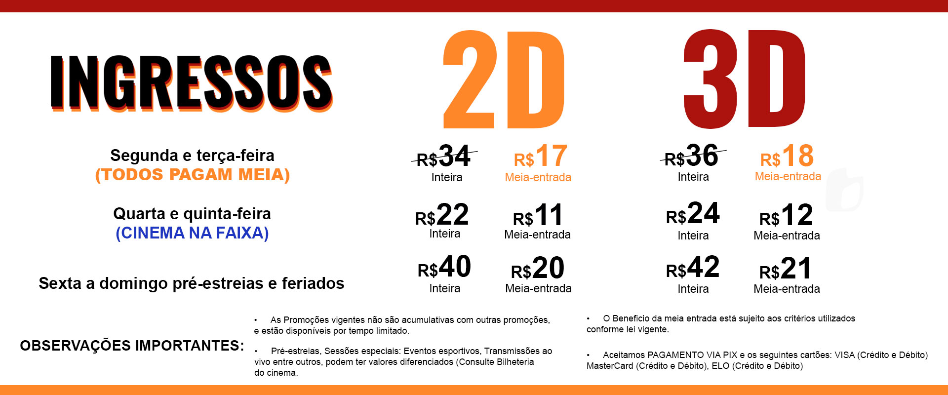 Tabela de preços de ingressos