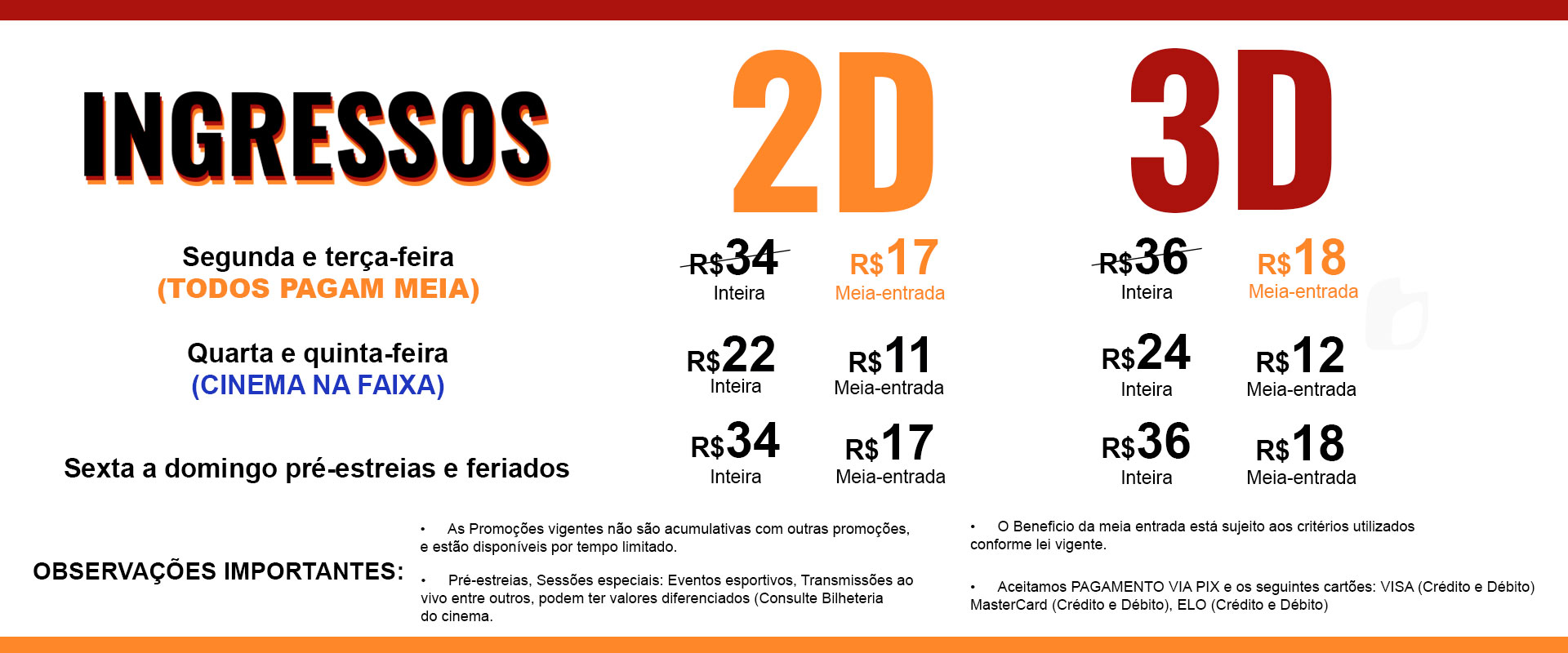 Tabela de preços de ingressos